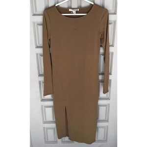 Forever 21 Sheath Dress SzM Tan Spandex Long Sleeves Slit Side Midi Pre-Owned